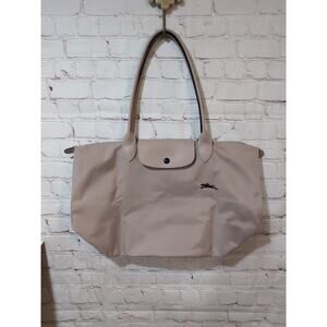 Longchamp Le Pliage Club Collection Tote Hawthorne Beige Blue Embroidered Large